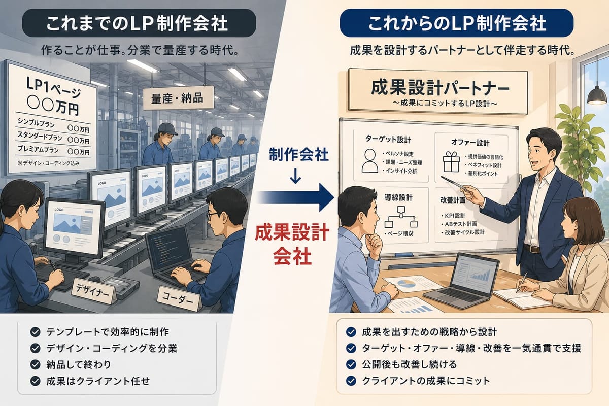 「これまでのLP制作会社」は作ることが仕事で分業で量産する時代、「これからのLP制作会社」は成果を設計するパートナーとして伴走する時代。制作会社から成果設計会社への変化を示す図